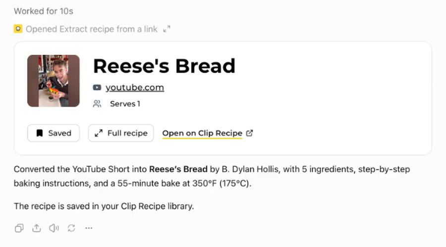 A recipe card for Reese's Bread in ChatGPT, extracted from a YouTube Short and saved to the Clip Recipe library