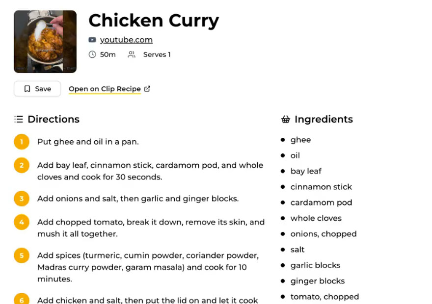 A full chicken curry recipe open in ChatGPT, with numbered directions next to the ingredient list