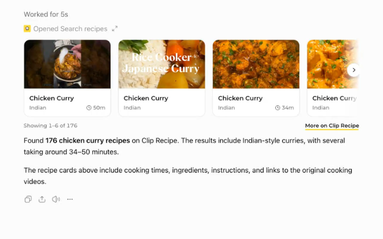 Clip Recipe search results in ChatGPT: a row of chicken curry recipe cards with photos and cooking times