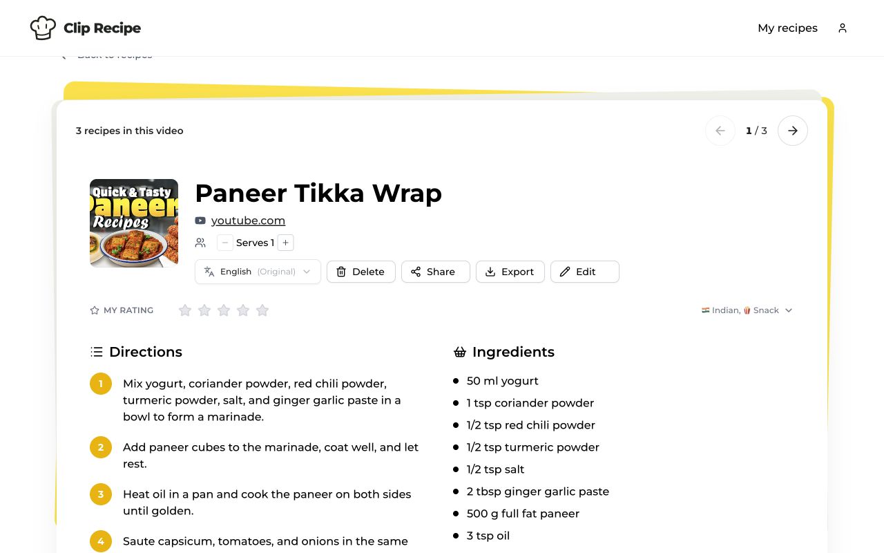 A saved recipe showing ingredients, directions and serving controls in the current Clip Recipe interface