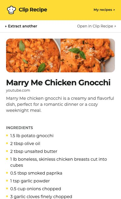 The Clip Recipe extension showing ingredients for Marry Me Chicken Gnocchi from YouTube
