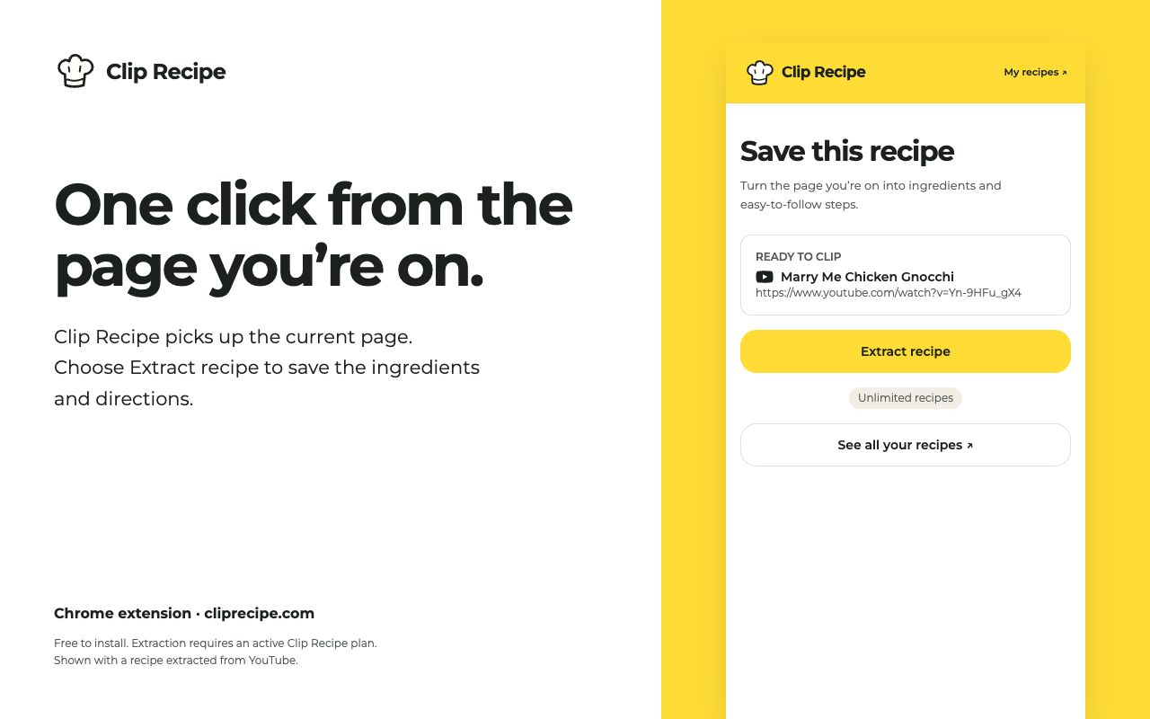 The updated Clip Recipe panel showing the current page and Extract recipe button
