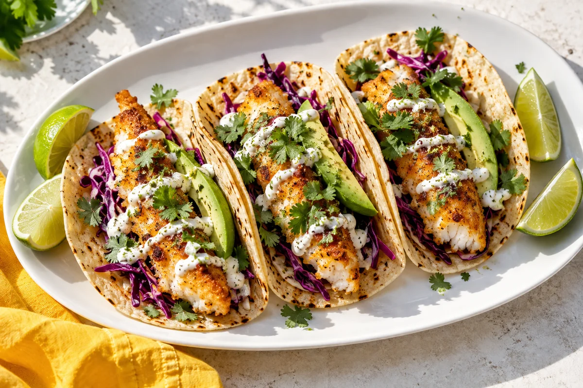 Crispy fish tacos with avocado, slaw, and lime