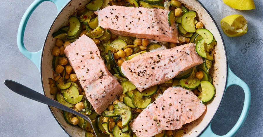 Salmon With Olive Oil-Braised Zucchini and Chickpeas
